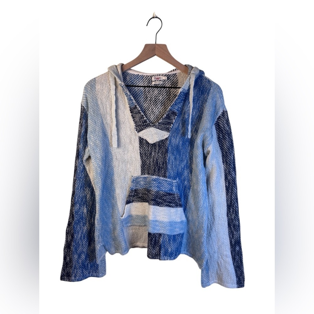 Faherty Baja Beach Poncho Hoodie Blue and White Striped Kangaroo Pocket Small